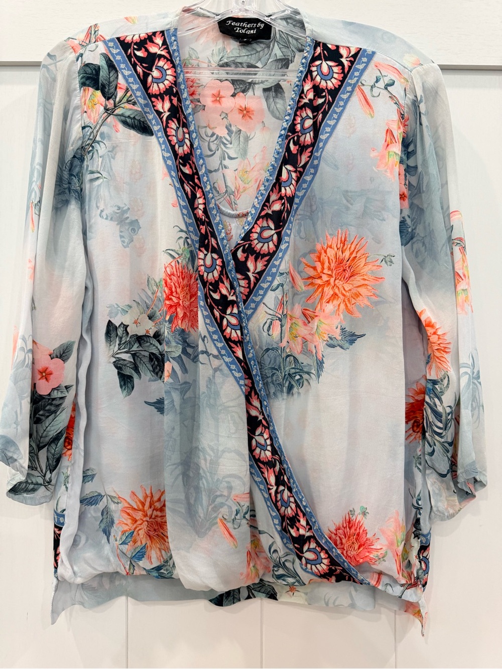 Feathers by Tolani Pale Blue Floral Wrap Blouse with Coral Accents